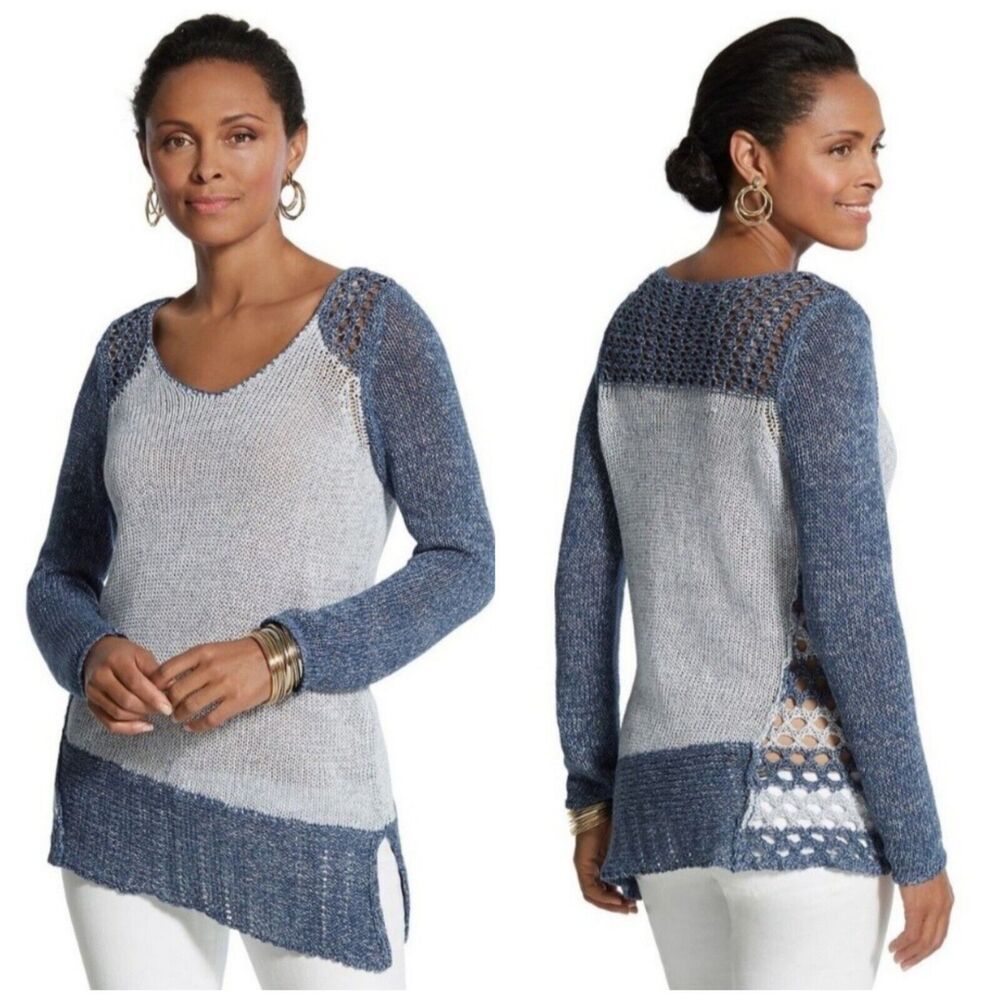 Chico's Whitney Pullover Sweater Light Dark Blue Asymmetrical Knit Crochet Sz M